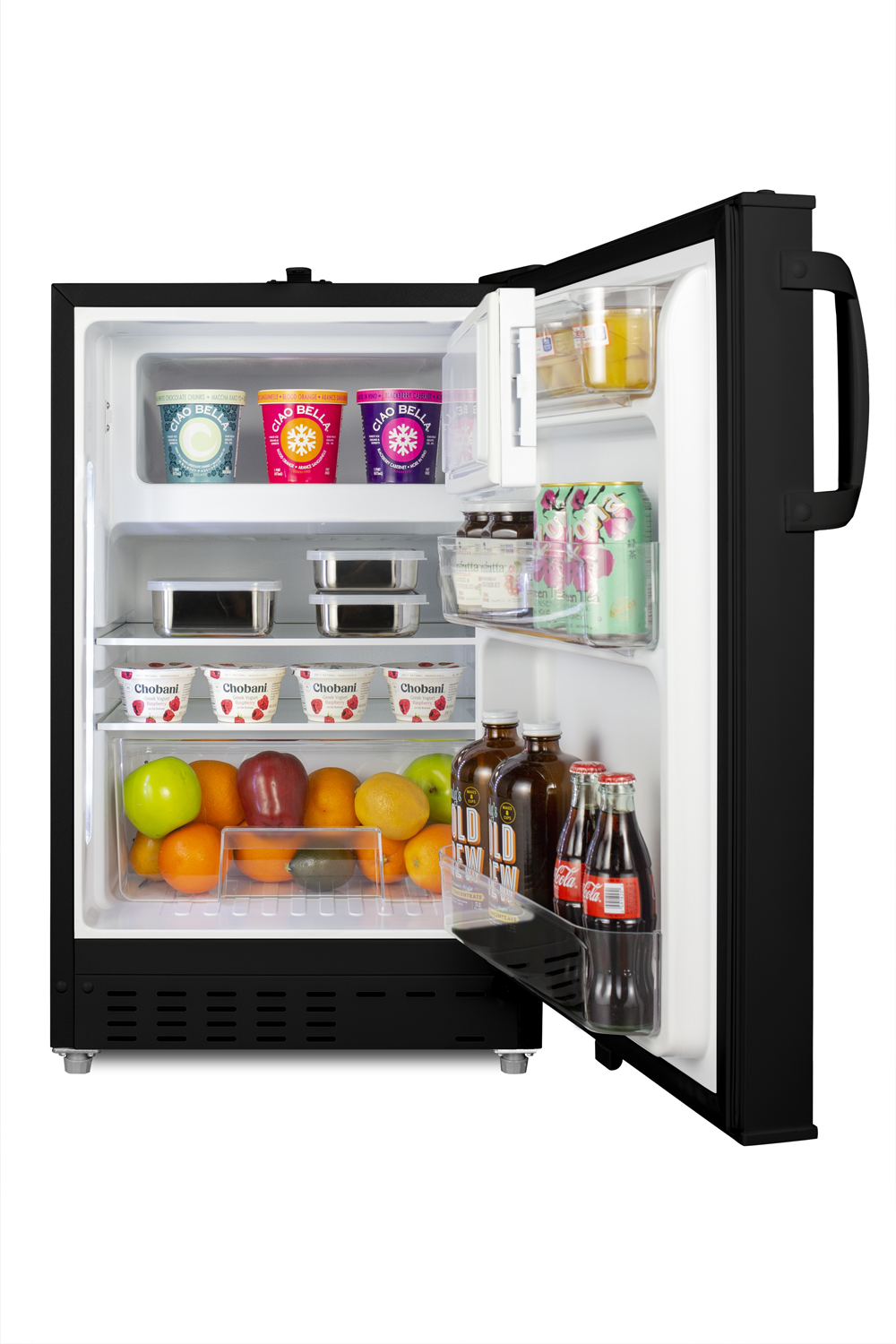 Built-in undercounter ADA compliant refrigerator-freezer in black for residential use, manual defrost with glass shelves, front lock, and door storage